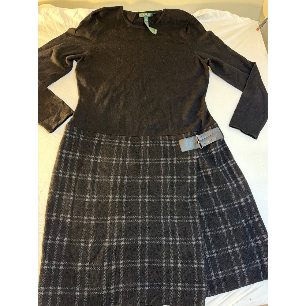 Lauren Ralph Lauren Merino Wool Blend Plaid Buckle Knit Dress Black Grey XL